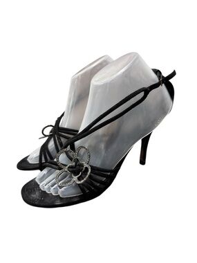 Louis Vuitton Suede Strappy Heels Pumps Crystal Embellished Sandals Black 38.5